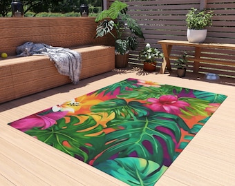 Aloha Tropical Outdoor Rug Hawaiian Floral Patio Rug Indoor Outdoor Decor | Multiple Sizes
