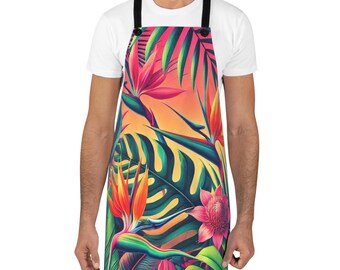 Tropical Apron, Hawaiian Floral Kitchen Apron, Monstera Palm Leaf Cooking Apron, Colorful Island Baking Apron, Tropical Gift