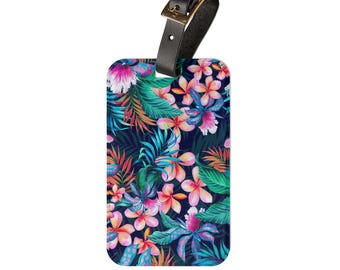 Tropical Floral Luggage Tag, Hawaiian Travel Tag, Colorful Vacation Bag Tag, Acrylic Suitcase Tag with Leather Strap, Personalized Insert