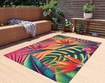 Tropical Sunset Outdoor Rug -Tropical Floral Patio Rug | Hawaiian Inspired Outdoor Decor | Multiple Sizes