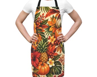 Tropical Fall Apron, Autumn Pumpkin Pineapple Floral Kitchen Apron, Thanksgiving Cooking Apron, Tropical Harvest Hostess Gift