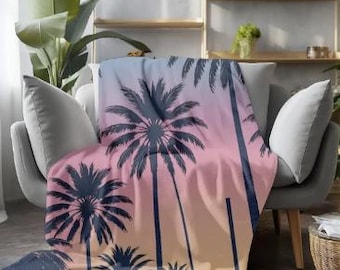 Sunset Palm Tree Blanket, Tropical Beach Throw, Hawaiian Aloha Blanket, Pink Blue Coastal Decor, Island Home Decor, Beach Lover Gift