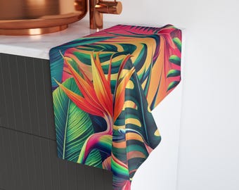 Tropical Sunset Floral Hand Towel Bird of Paradise Hawaiian Kitchen Bathroom Towel