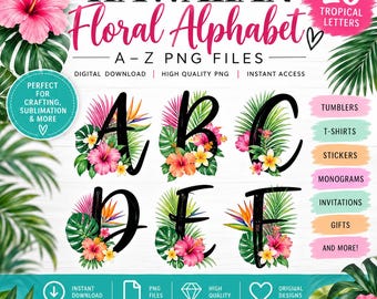 Hawaiian Floral Alphabet PNG A-Z, Tropical Letter Bundle, Floral Monogram Letters, Sublimation PNG, Cricut Printable, Instant Download