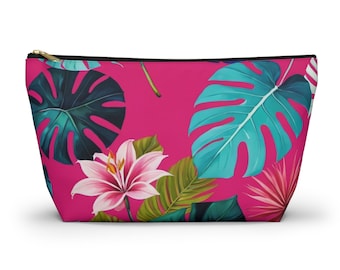 Tropical Makeup Bag | Floral Travel Cosmetic Pouch | Waterproof Toiletry Bag | Hawaiian Palm Leaf Zipper Pouch | Summer Beach Gift for Her