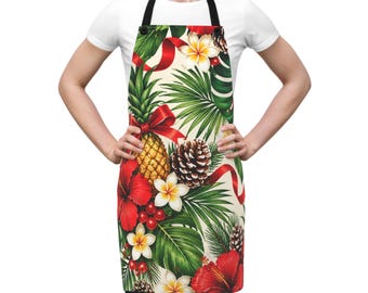 Tropical Christmas Apron, Hawaiian Holiday Pineapple Apron, Hibiscus Floral Kitchen Apron, Tropical Christmas Baking Gift