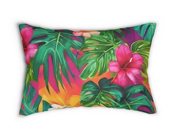 Tropical Floral Lumbar Pillow, Vibrant Home Decor, Perfect for Living Room, Beach House Accent, Double Sided Print