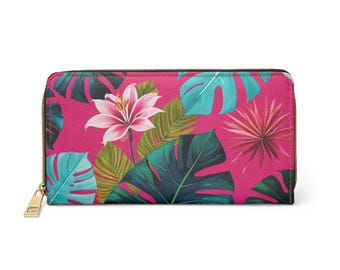 Tropical Pink Floral Zipper Wallet Hawaiian Aloha Womens Wallet