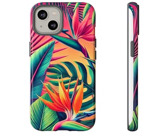 Tropical Sunset Phone Case | Floral Palm Leaves, Vibrant Sunset Colors
