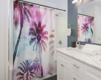 Pastel Palm Tree Shower Curtain Tropical Hawaiian Beach Bathroom Decor