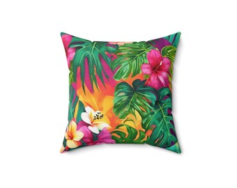 Aloha Sunset Tropical Throw Pillow, Hawaiian Floral Pillow, Hibiscus Monstera Decor, Tropical Home Decor, Island Inspired Cushion