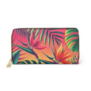 Cartera con cremallera con diseño de atardecer tropical: Ave del paraíso floral, hojas exóticas de monstera, tonos de atardecer, ambiente isleño, cartera para vacaciones, playa.