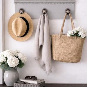 Light Grey Vintage Door Knob Coat Rack w/ Shale Grey Wax, Wall Tree, Scarf, Jewelry Storage, Gothic Cross, Renaissance Design