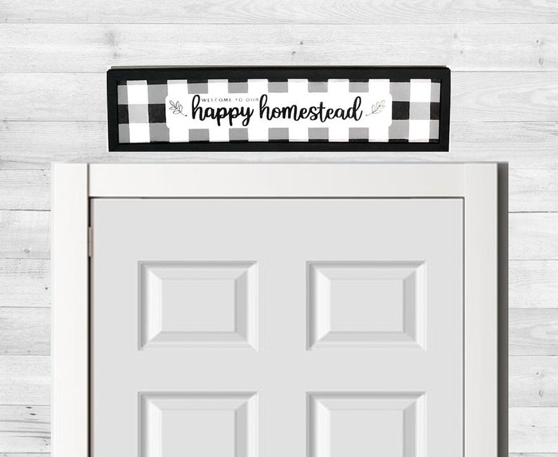 Welcome Hand Painted Framed Farmhouse Sign Happy Homestead Buffalo Check Wall Plaque Rectangle Sign Over Door Sign Black White Grey