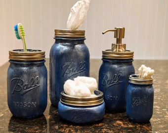 Hand-Painted Mason Jar Bathroom Storage Set in Dark Blue Opal (Set of 5)