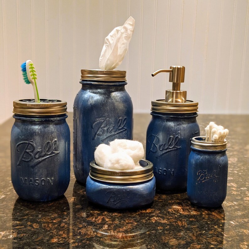 Handpainted Mason Jar Bathroom Storage Set in Dark Blue Opal Etsy