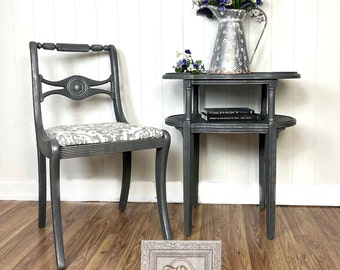 Vintage Gray Damask Chair & Parlor Table, Chair and Side Table, Two Tier Oval Accent Table, Renaissance, French, Italian, Occasional Table