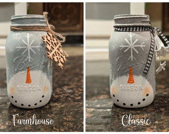 Snowman Themed Painted Mason Jar, Snowman Decor, Holiday Decor, Winter Decor, Ball Jar, Mason Jar