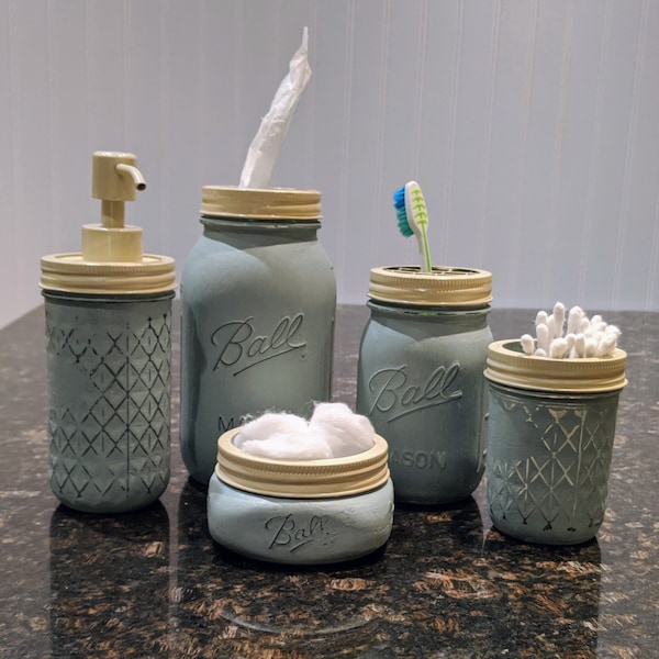 Painted Mason Jars Bathroom Etsy