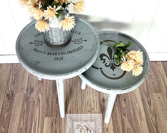 French Country Round Nesting Tables, Mid Century Modern, Fleur di Lis, Shabby Chic, Vintage Accent Table, Set of 2, Blue Grey, Distressed