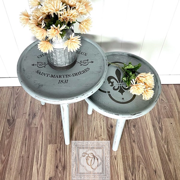 French Country Round Nesting Tables, Mid Century Modern, Fleur di Lis, Shabby Chic, Vintage Accent Table, Set of 2, Blue Grey, Distressed