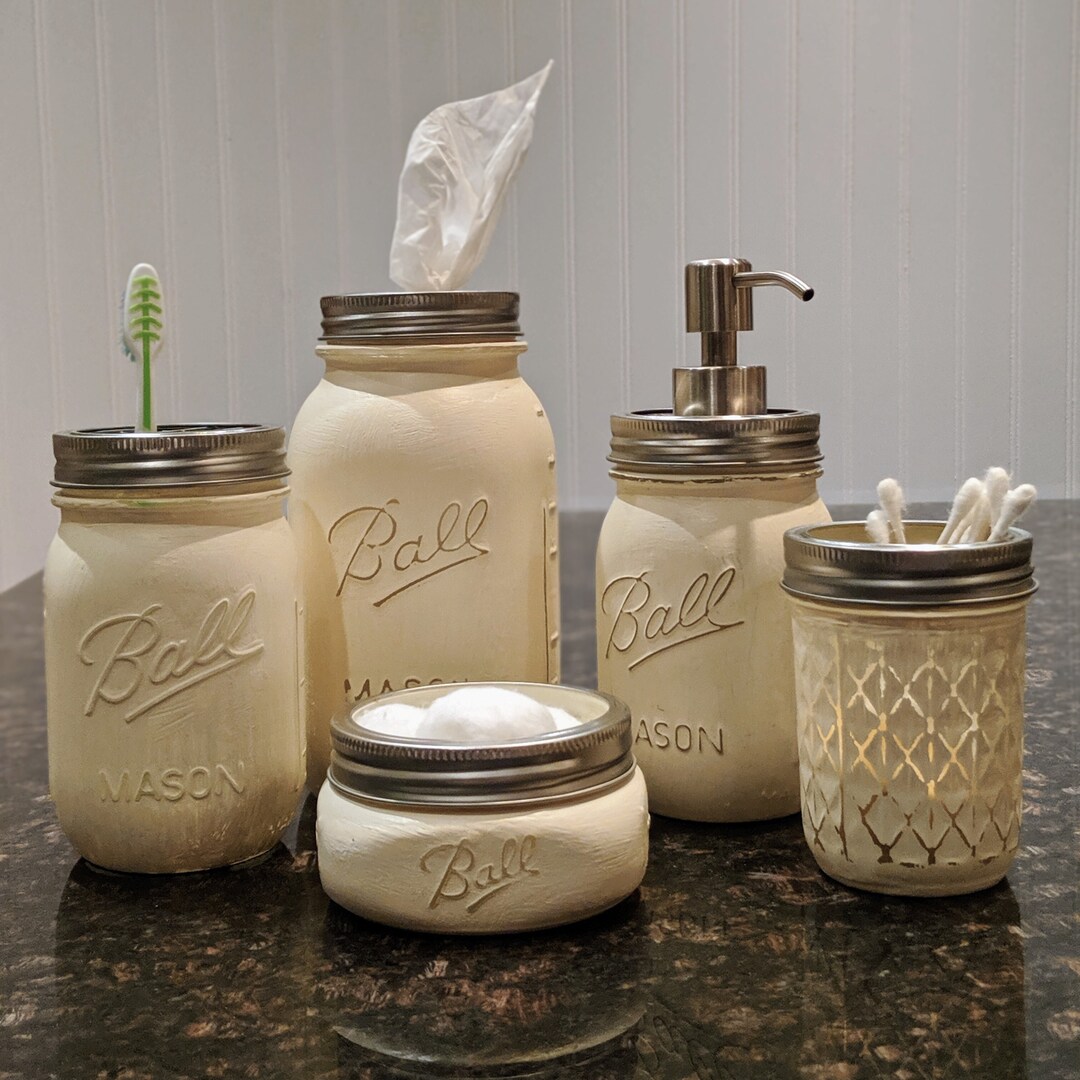 Handpainted Mason Jar Bathroom Storage Set in Cream off White set of 5