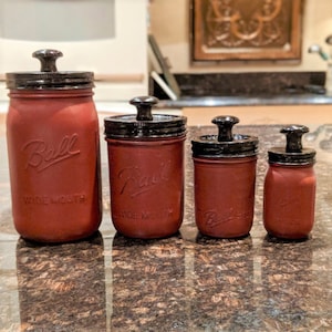 Hand-Painted Mason Jar Kitchen Canister Storage Set in Deep Red (Set of 4)