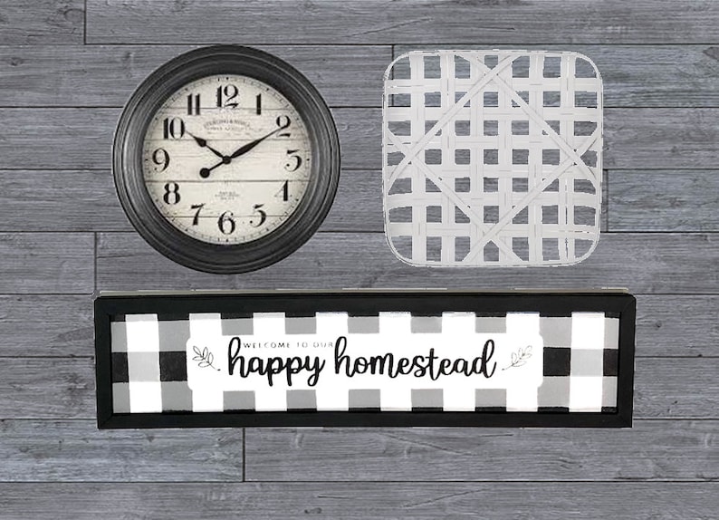 Welcome Hand Painted Framed Farmhouse Sign Happy Homestead Buffalo Check Wall Plaque Rectangle Sign Over Door Sign Black White Grey