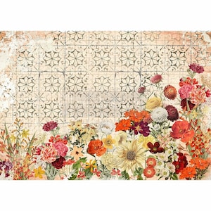 May include: A vintage-style floral print featuring a variety of colorful flowers, including red, orange, yellow, and white, arranged in a border against a background of distressed white tiles with a black floral pattern.