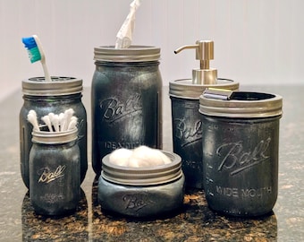 Hand-Painted Mason Jar Bathroom Storage Set in Shale Grey Opal (Set of 6)