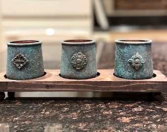 Renaissance Gothic Aged Copper Verdigris Painted Votive Candle Holder, Upcycled Yogurt Jar, Candle Holder Wood Base, Table Decor, European