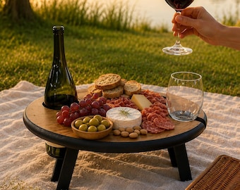 Custom Portable Folding Wine & Cheese Table, Wine Glass Holder, Charcuterie Board, French Country Sommelier Serving Tray, Small Picnic Table