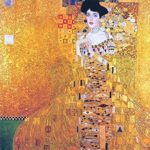 May include: A painting of a woman in a gold dress with a geometric pattern. The background is a gold and black abstract design.