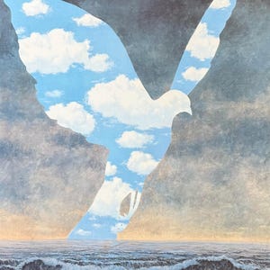 Cartaz da exposição de René Magritte - Azul Mágico - surrealismo - artista belga - pássaro - nuvens - artista de museu - impressão artística - 1993