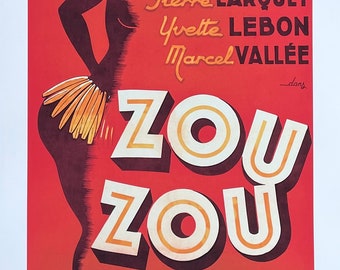 Josephine Baker exhibition poster - Zou Zou - cabaret - revue - woman dancing - Paris - France - art print - reproduction