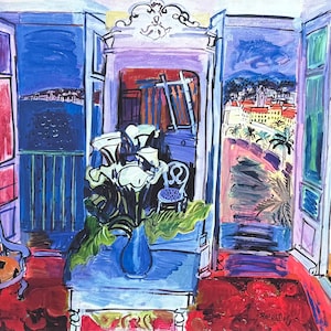 Manifesto della mostra di Raoul Dufy - Interno con finestre aperte - natura morta - blu - artista del museo - stampa artistica - condizioni eccellenti