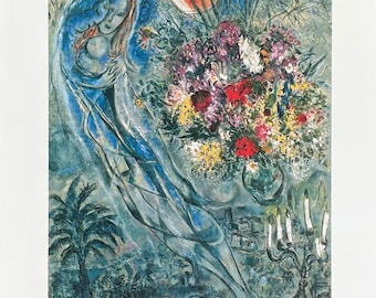 Marc Chagall exhibition poster - Lovers in Grey - museum artist - art print - blue - flowers - romance