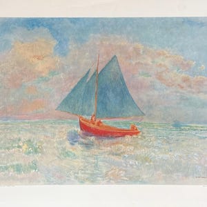 May include: A painting of a red sailboat with two blue sails navigating choppy water. The sky is a mix of blue and pink hues, with soft clouds. The artwork evokes a sense of tranquility and the open sea.