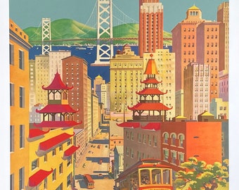 San Francisco tourism poster - United Air Lines - Golden Gate - travel - holidays - decorative art print - offset litho
