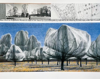 Christo exhibition poster - Wrapped trees - offset lithograph - museum artist - large vintage art print - 1998