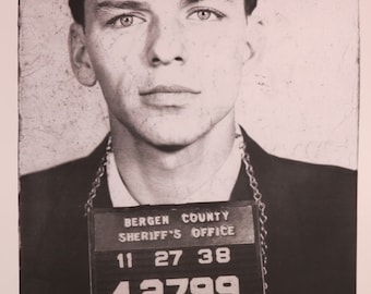 Frank Sinatra tentoonstelling poster-mug shot-gevangenis foto-zwart wit fotografie-offset lithografie-de stem-Amerikaanse zanger