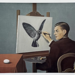 Cartaz da exposição de René Magritte - Clarividência - surrealista - artista belga - pássaro - ovo - pintor - artista de museu - impressão de arte