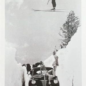 Winter sport exhibition poster - Jumping over a car - skiing - snow - mountains - tourism - art print - photography - reproduction