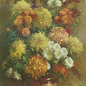 Cartel de la exposición de R Colao - Crisantemos y hojas de roble - Flores en jarrón - Naturaleza muerta - 1970