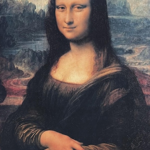 May include: A portrait of a woman, known as the Mona Lisa, with a subtle smile. She is depicted with dark hair and a dark dress, set against a landscape background with muted colors. The painting is a classic work of art.