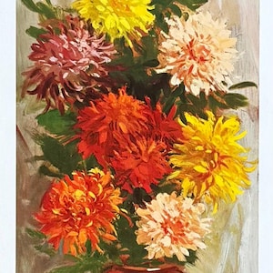 May include: An oil painting of a bouquet of colorful flowers in a copper-colored vase. The flowers are in shades of orange, red, yellow, and pink. The background is a light, textured fabric. The painting is signed "R. Colao".