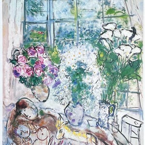 Cartel de la exposición de Marc Chagall: La ventana blanca, artista del museo, impresión artística, azul, naturaleza muerta, flores, amor