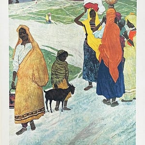 May include: A painting depicting a group of women and a child walking along a path. The women are wearing colourful saris and carrying various items, including a pot of water and a goat. The painting is set against a backdrop of a green field and a blue sky.
