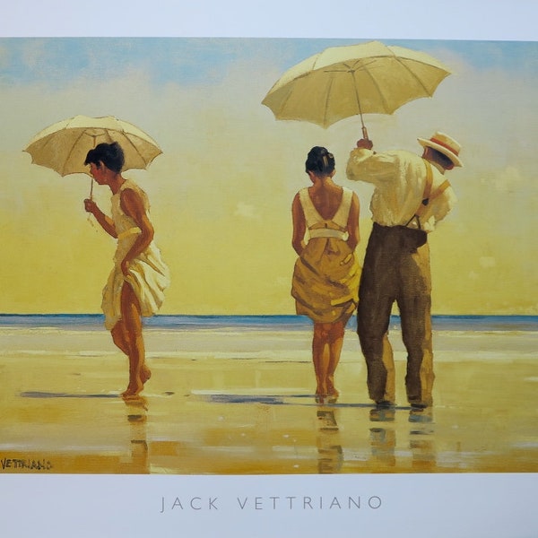 Poster della mostra Jack Vettriano - Mad dogs - spiaggia - ombrellone - litografia offset - scena americana - eccellente - 1992