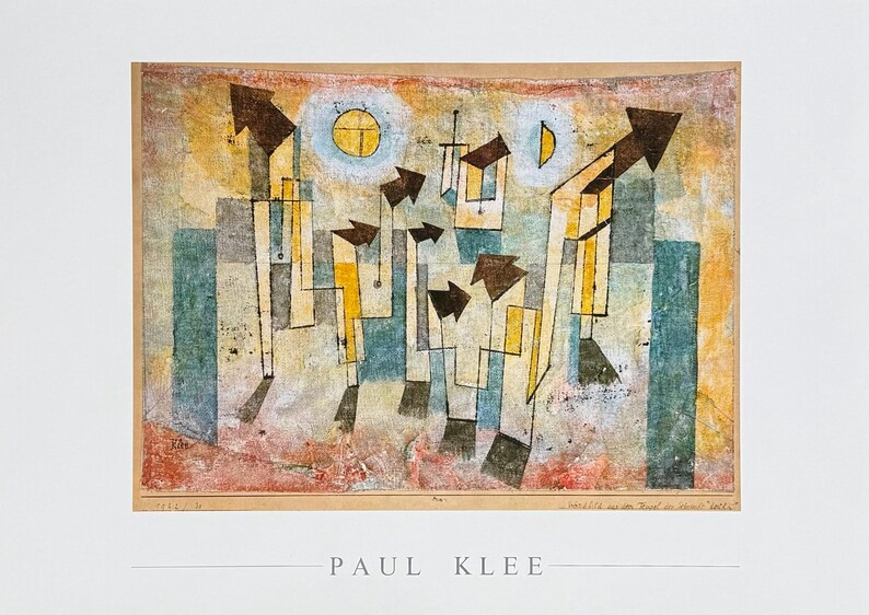 May include: A Paul Klee art print featuring an abstract composition of geometric shapes, dark arrows, and vertical lines in shades of blue, yellow, and red. The artwork includes a yellow sun and crescent moon, with the artist's name printed below.